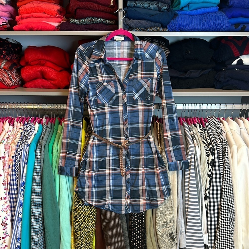 Passport navy/brown/white long sleeve plaid mini dress/tunic size S